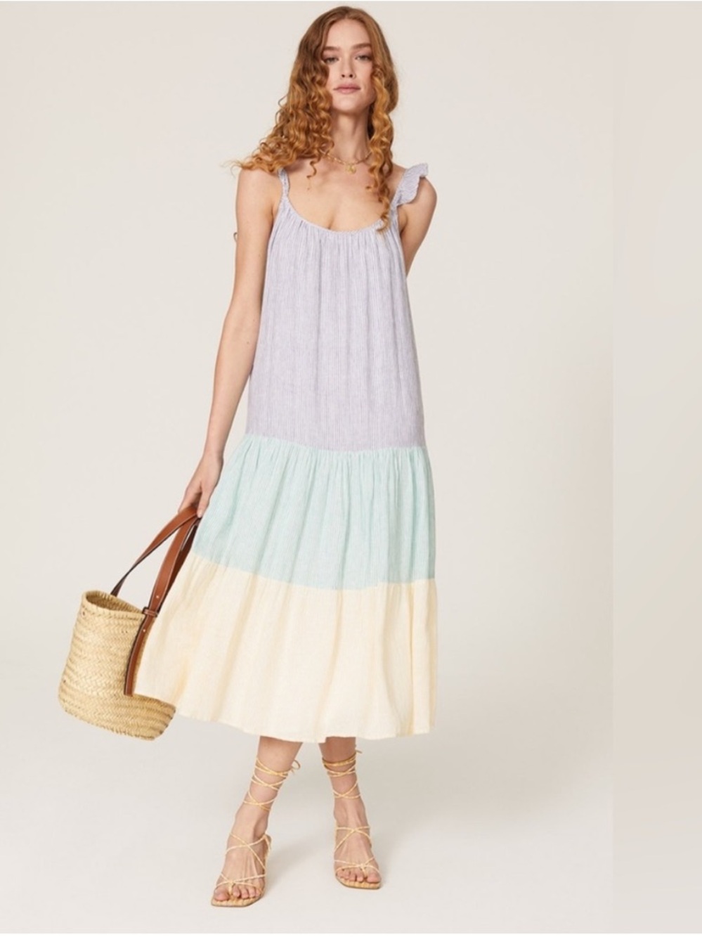 Rails Linen Blend Capri Mixed Rainbow Stripe Midi Dress M Tiered Ruffle Straps